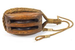 A large antique hardwood block and tackle double pulley, with lignum vitae (?) wheels,