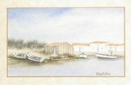 L'Houtellier, Boats at low tide, watercolour, signed lower right, a pair,