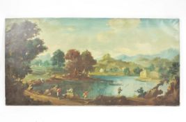 Continental School, early 20th century, Extensive landscape with figures around a lake,