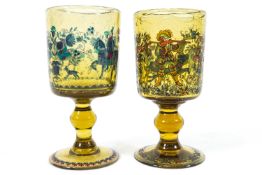 A pair of Wald glass style goblets with bucket bowls and baluster knops on domed feet,
