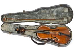 A one piece back violin, if traditional form (no label to the interior), 59cm long, with bow,