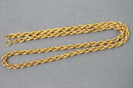 A yellow metal rope link chain, bolt ring clasp, 470mm. Hallmarked 9ct gold, Sheffield, 1982.