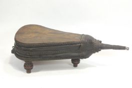 A pair of elm and leather forge bellows, with iron spout and hobnail work,