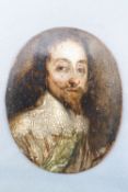 A 17th century portrait miniature of Charles l, painted on copper, of oval form,