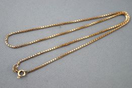 A yellow metal box link chain, bolt ring clasp, 420mm. Hallmarked 9ct gold, London, 1976.