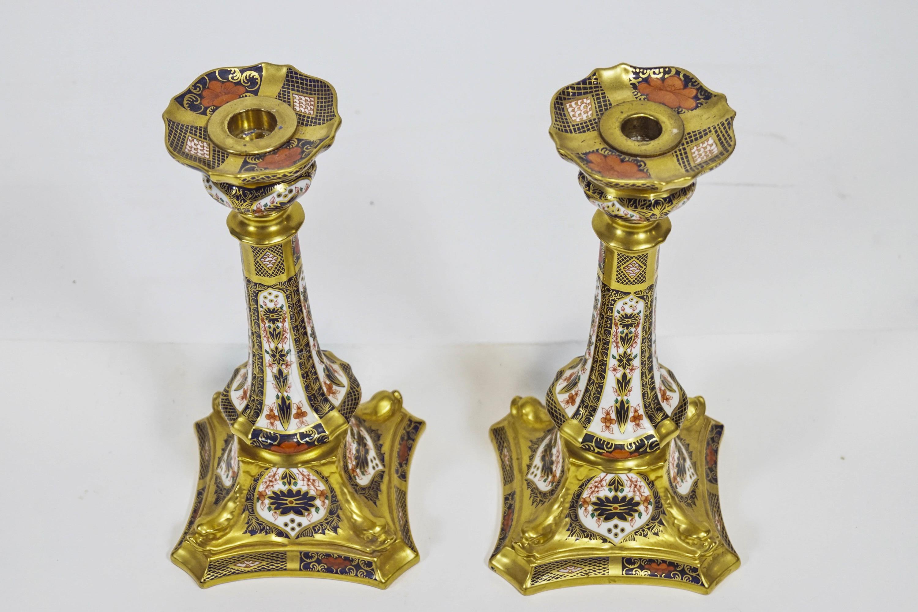 A pair of Royal Crown Derby solid gold band Imari candlesticks, - Image 2 of 3