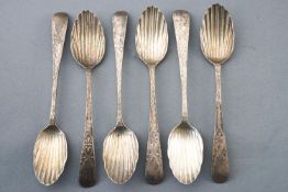 A set of six matching, but associated bright cut shell bowl silver teaspoons,