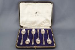A set of six cased bead edge coffee spoons, retailed by Page, Keen & Page, Plymouth, Sheffield 1928,