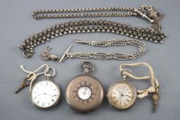 A collection of watches to include two open faced pocket watches (Stamped 'Fine Silver')