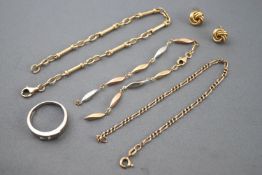 A collection of jewellery to include: A three colour gold linked bracelet (broken);