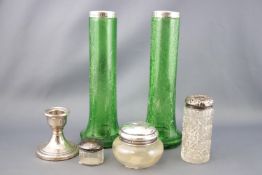 A pair of green crackle glass vases, of inverted trumpet form with silver rims, London 1902,