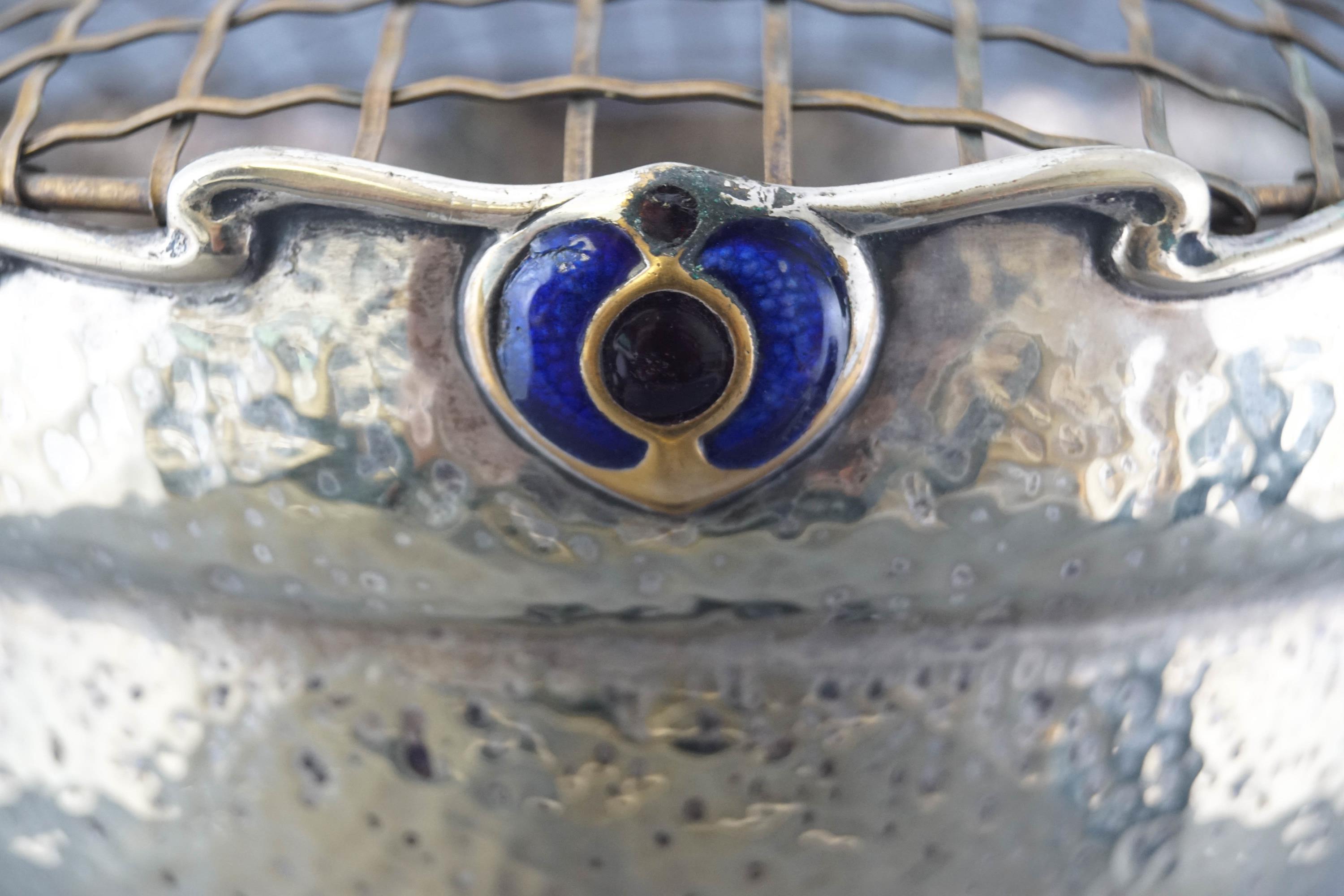 A silver plated two handled rose bowl on a plinth, of Art Nouveau form with a spot hammered finish, - Image 2 of 3