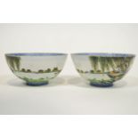 Two Chinese eggshell porcelain bowls with blue enamel decoration and landscape scene to exterior