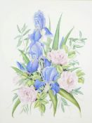 Susan Corbett, Flag Iris and Dog Roses, watercolour, signed lower right,
