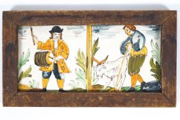 Two framed polychrome Delft tiles, depicting a drummer and a goat herd,