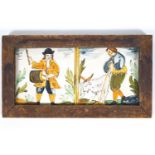 Two framed polychrome Delft tiles, depicting a drummer and a goat herd,