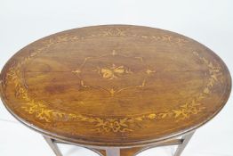 An Edwardian mahogany side table, the oval top in satin and coloured woods,