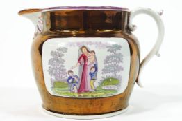 A 19th century copper lustre jug, decorated with two polychrome transfers of Charity, and another