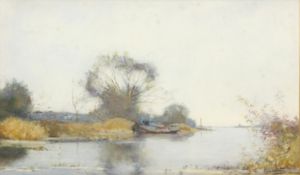 Arend Jan Van Driesten, (1878-1969), Barge on the river, watercolour and body colour,