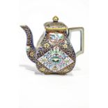 A 19th century pottery teapot of squared baluster form and chinoiserie decoration