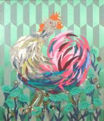 A fabric collage of a crowing cockerel,