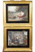 Two 19th century coloured prints in verre eglomise frames,