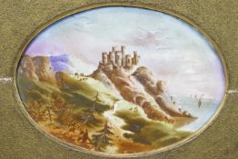 A romantic castle by a seascape, painting on ceramic, oval,