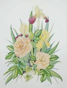 Susan Corbett, Flag Iris and Roses, watercolour, signed lower right,