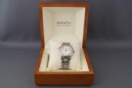 A stainless steel wristwatch by Zenith. Circular dial with silver finish and numerical markings.