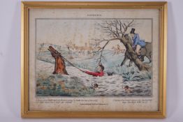 A group of four hand coloured copper line engravings of hunting scenes entitled 'Notions',