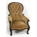 A Victorian mahogany show wood frame armchair with button back on cabriole legs,