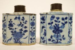Two blue and white tea caddies, in hand paste porcelain, of cut corner rectangular form,