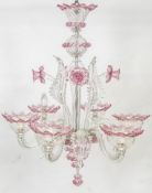 A 20th century six branch Venetian style glass chandelier,
