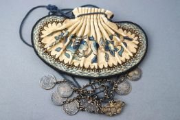 A 19th century Chinese blue and white embroidered drawstring purse,