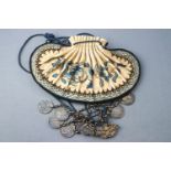 A 19th century Chinese blue and white embroidered drawstring purse,