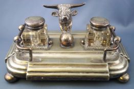 A 19th century electroplated standish of rounded rectangular form,