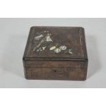 A French parquetry jewellery box, the lid inlaid with bone,
