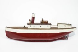 A pond yacht style wood and metal model of a steam yacht in a cream and red finish,