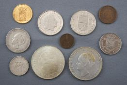 A collection of ten loose Dutch coins to include a gold 10 Guilder dated 1877. Gross weight 103.