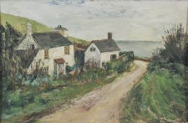 Don Hurren, Rotterdam Cottage Looe, oil on board, coastal scene with cottages, signed with monogram,