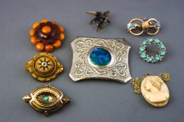 A collection of seven brooches of variable styles together with a carved pendant, with chain.