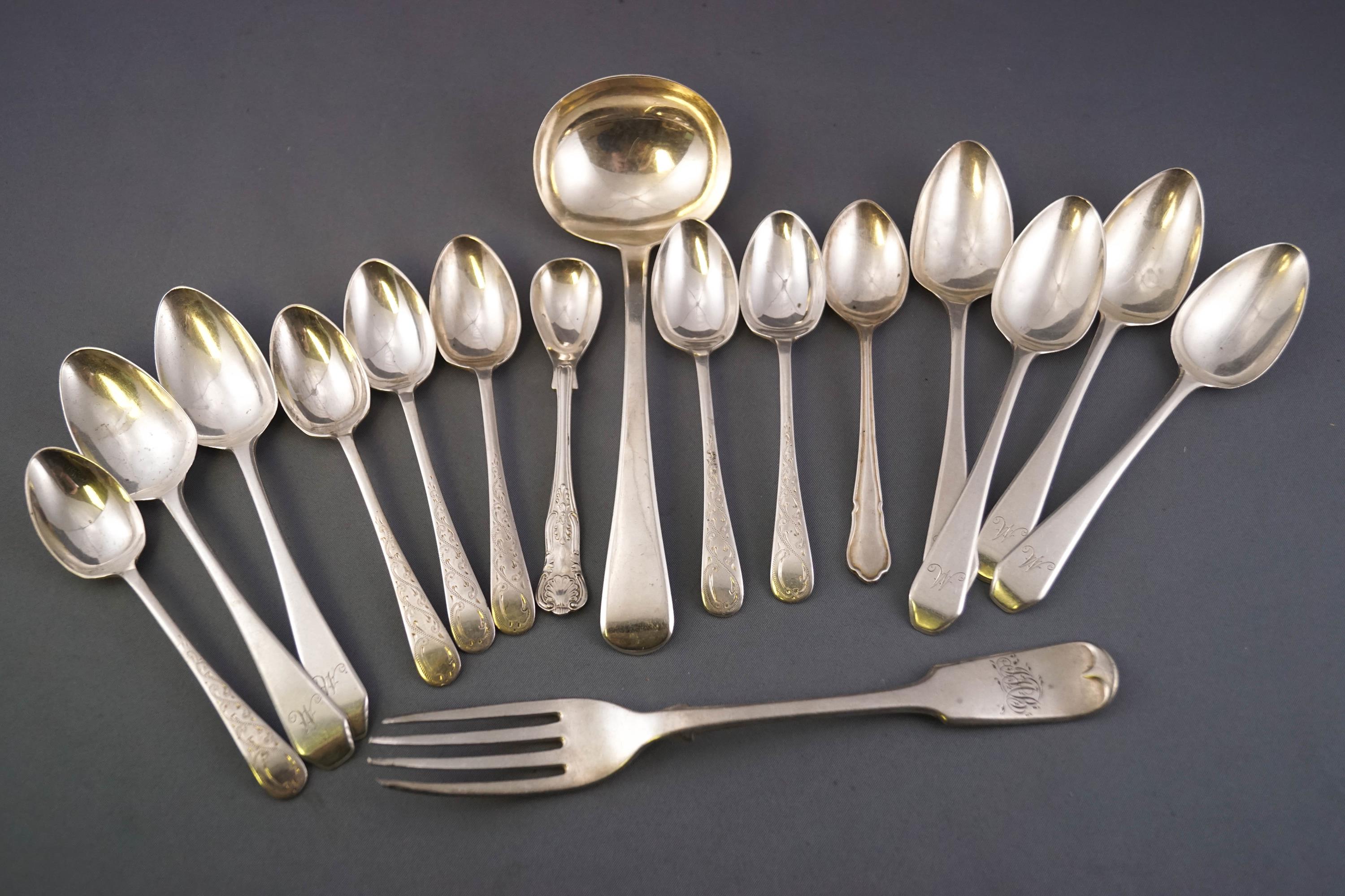 A silver Harlequin Fiddle and thread pattern canteen, the table forks by Eley & Fearn, London 1805, - Bild 4 aus 4