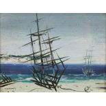 Rene Marie Dujardin, Anchored ships, oil on board,