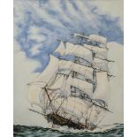 J M Costello, watercolour, A clipper at full sail, probably the Cutty Sark,