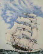 J M Costello, watercolour, A clipper at full sail, probably the Cutty Sark,