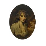 An oval print of a lady, gilt frame with ribbon swag detail,
