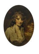 An oval print of a lady, gilt frame with ribbon swag detail,