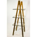 A beech wood, brass and glass three storey etagere,