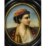 Two framed porcelain Berlin plaque style miniatures of a classical lady and a lady in a Persian