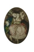 Early 20th century school, Figures in 18th century costume dancing, coloured mezzotints, a pair,